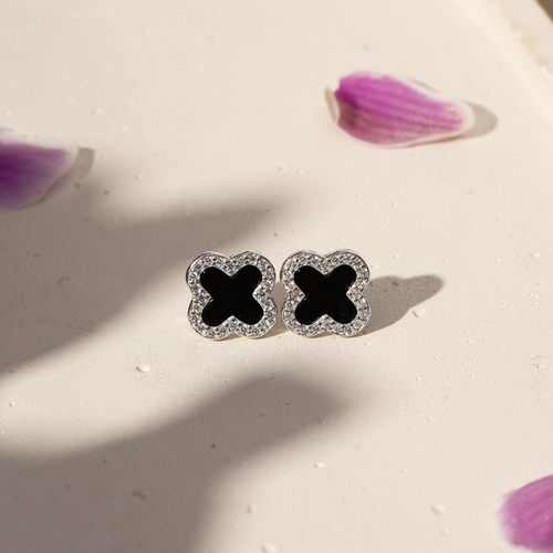 Brinco Trevo com Onix Lab e Zircônias Brancas - Prata 925