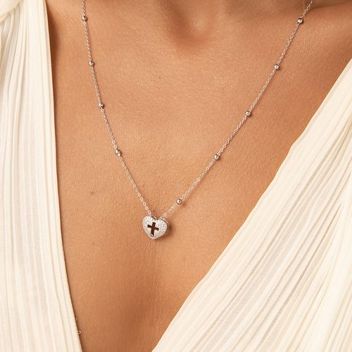 Colar Escapulário Retângulo e Coração com Cruz de Fusion Esmeralda Colombiana e Zircônias Brancas 65cm - Prata 925