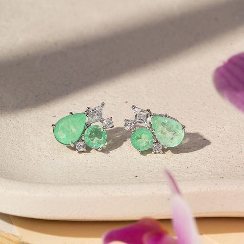 Brinco Gota e Redondo com Fusion Esmeralda Colombiana e Zircônias Brancas - Prata 925