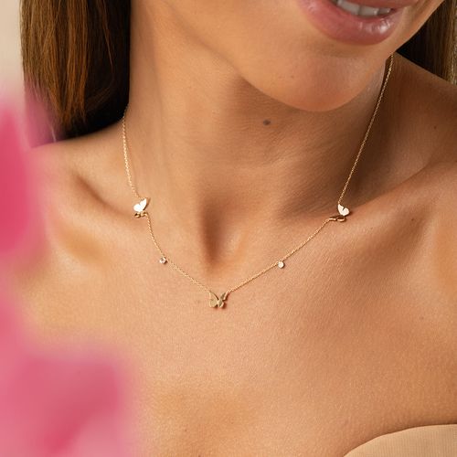 Colar 3 Borboletas com Zircônia Branca - 50 cm - Banho de Ouro 18k