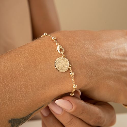 Pulseira Lisa Medalha Dupla de São Bento 18cm - Banho de Ouro 18k
