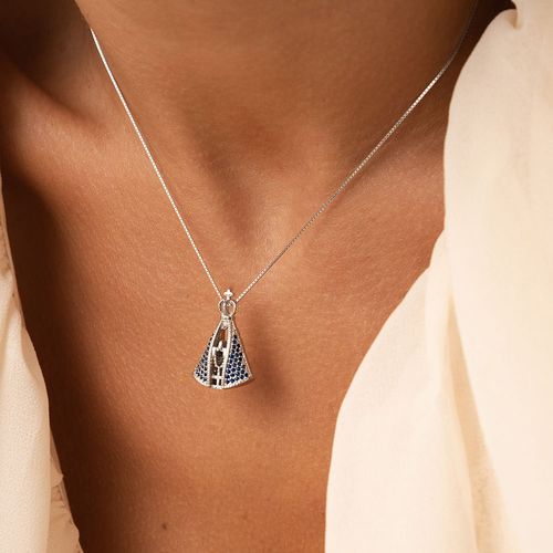 Colar Nossa Senhora Aparecida com Zircônias Azuis Escuro e Zircônias Brancas 45cm - Prata 925