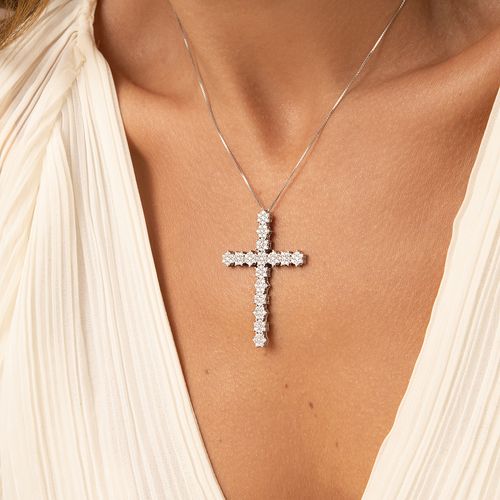 Colar cruz inteira de flores zircônia branca prata 925 50cm