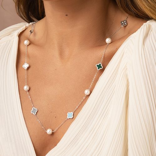 Colar Longo com Trevos de Madrepérola, Onix Lab, Nano Turquesa, Malaquita Lab e Zircônias Brancas 80cm - Prata 925