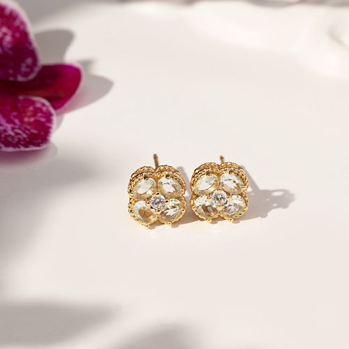 Brinco Trevo com Cristal Água Marinha e Zircônias Brancas - Banho de Ouro 18k