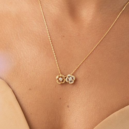 Colar Trevo com Cristal Água Marinha, Cristal Rodolita e Zircônias Brancas 50cm - Banho de Ouro 18k