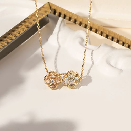 Colar Trevo com Cristal Água Marinha, Cristal Rodolita e Zircônias Brancas 50cm - Banho de Ouro 18k