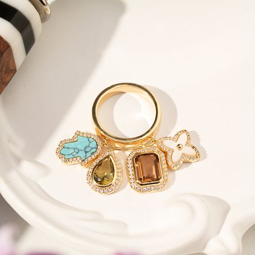 Anel Mix And Match  com Madrepérola, Nanoturquesa e Cristal Peridoto - Banho de Ouro 18k