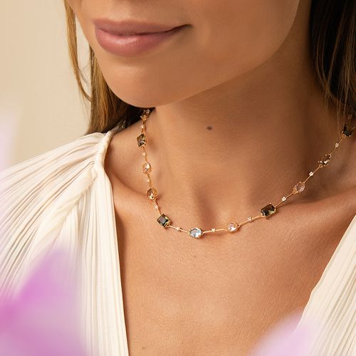 Colar Formas com Cristal Morganita, Cristal Peridoto e Cristal Topázio Fumê 45cm - Banho de Ouro 18k