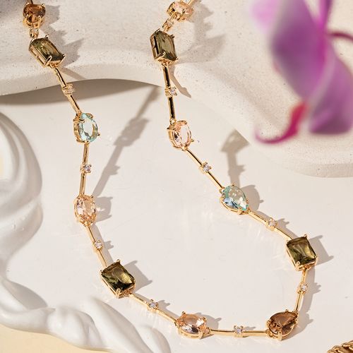 Colar Formas com Cristal Morganita, Cristal Peridoto e Cristal Topázio Fumê 45cm - Banho de Ouro 18k