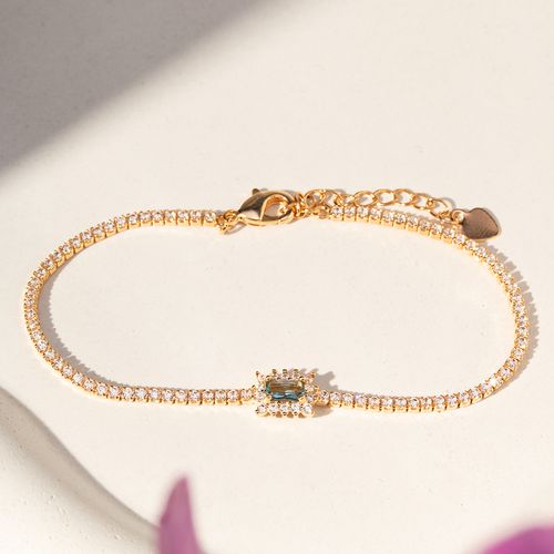 Pulseira Retângulo com Cristal London Blue e Zircônias Brancas 19cm - Banho de Ouro 18k