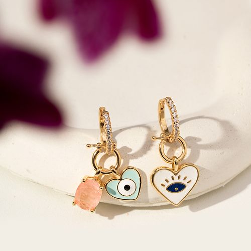 Brinco Earbling Coração e Oval Mix And Match Fusion Morganita, Esmalte e Resina e Zircônias Brancas - Banho de Ouro 18k