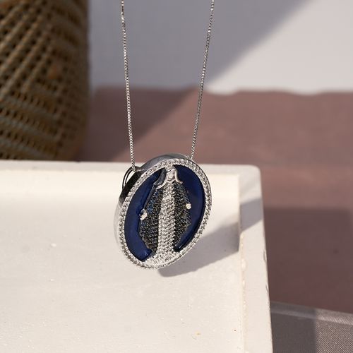 Colar Medalha de Nossa Senhora Das Graças com Lapis Lazuli Lab, Zircônias Azul Escuro e Zircônias Brancas 50cm - Banho de Ródio Branco