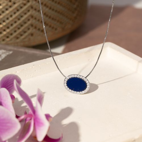 Colar Oval com Lapis Lazúli Lab e Zircônias Brancas 47cm - Banho de Ródio Branco