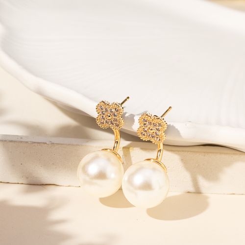 Brinco Earjacket Trevo com Pérola Glass e Zircônias Brancas - Banho de Ouro 18k