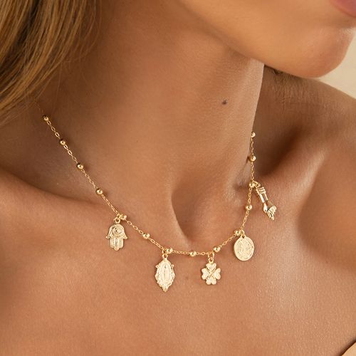 Colar Patuá Lisa com Mão de Fátima, Nossa Senhora das Graças, Trevo, São Bento e Figa 45cm - Banho de Ouro 18k