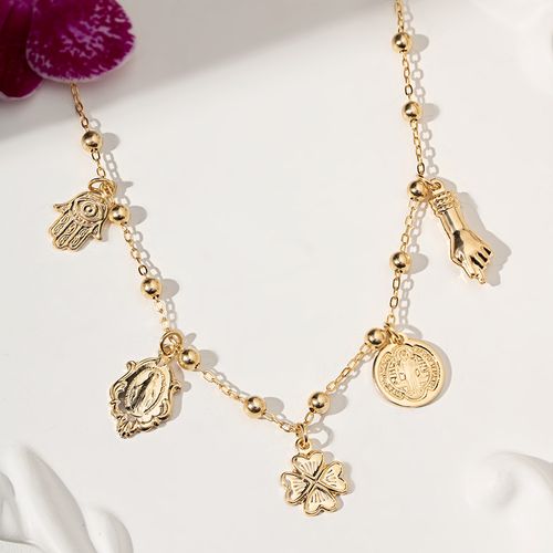 Colar Patuá Lisa com Mão de Fátima, Nossa Senhora das Graças, Trevo, São Bento e Figa 45cm - Banho de Ouro 18k