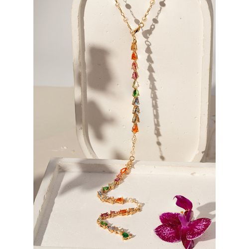 Colar Gravatinha Gotas com Pérolas Coreanas, Cristal Esmeralda e Cristal Turmalina Rosa 60cm - Banho de Ouro 18k