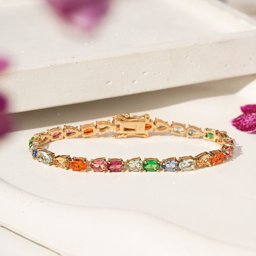 Pulseira Riviera Gotas com Cristal Podange, Cristal Turmalina Rosa, Cristal Morganita e Cristal Peridoto 17cm - Banho de Ouro 18k