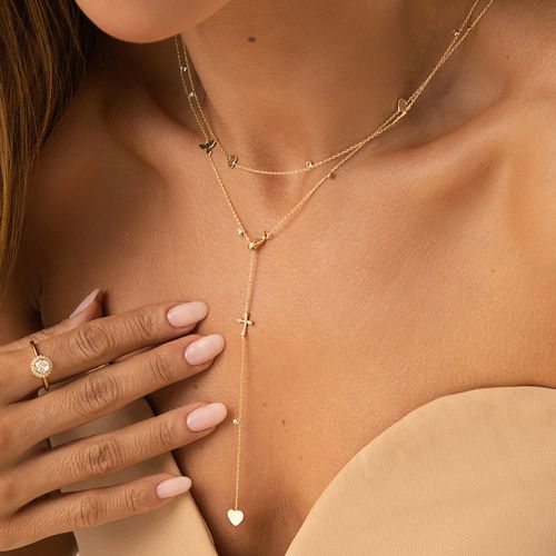 Colar Gravatinha Corações, Nossa Senhora Aparecida, Espiríto Santo, e Cruz com Zircônias Brancas 95cm - Banho de Ouro 18k