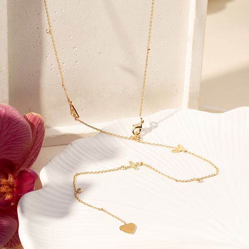 Colar Gravatinha Corações, Nossa Senhora Aparecida, Espiríto Santo, e Cruz com Zircônias Brancas 95cm - Banho de Ouro 18k