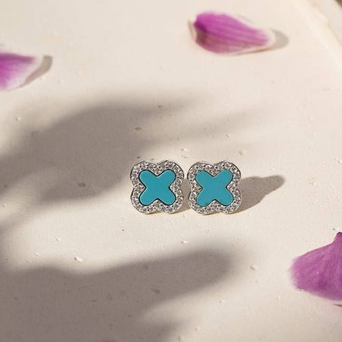 Brinco Trevo com Nano Turquesa e Zircônias Brancas - Prata 925
