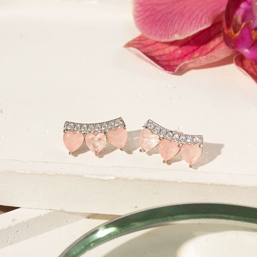 Brinco Earcuff Três Corações com Fusion Morganita e Zircônias Brancas - Prata 925