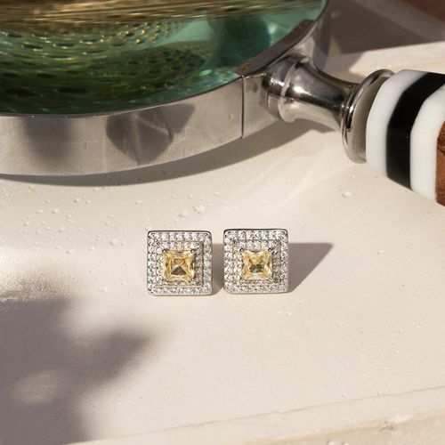 Brinco Quadrado com Zircônia Diamond Lemon e Zircônias Brancas - Prata 925