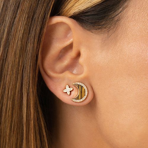 Brinco Lua de Olho de Tigre e Estrela com Zircônias Brancas - Banho de Ouro 18k