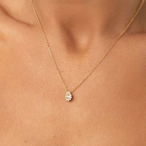 Conjunto Brinco e Colar Gotinha de Cristal Água Marinha e Zircônias Brancas 50cm - Banho de Ouro 18k