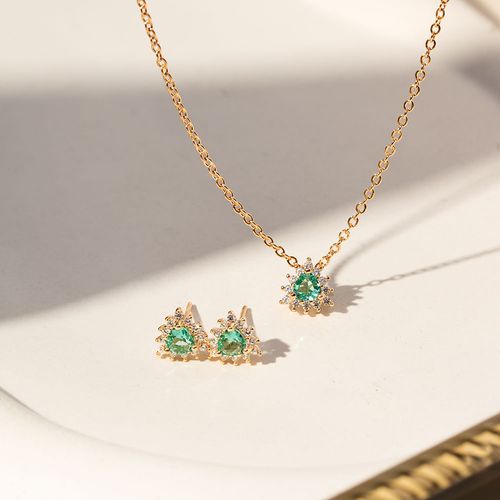 Conjunto Brinco e Colar Trillion com Cristal Paraíba e Zircônias Brancas 50cm - Banho de Ouro 18k