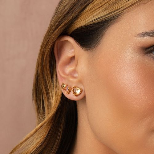 Kit com 3 Pares de Brincos de Corações com Cristal Lavanda, Cristal Pink e Cristal Morganita - Banho de Ouro 18k