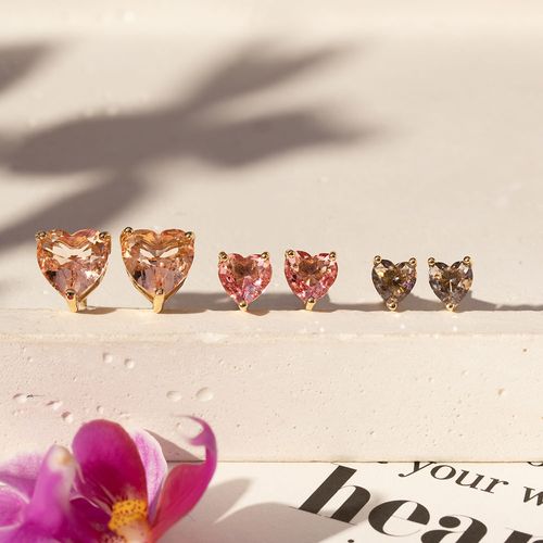 Kit com 3 Pares de Brincos de Corações com Cristal Lavanda, Cristal Pink e Cristal Morganita - Banho de Ouro 18k