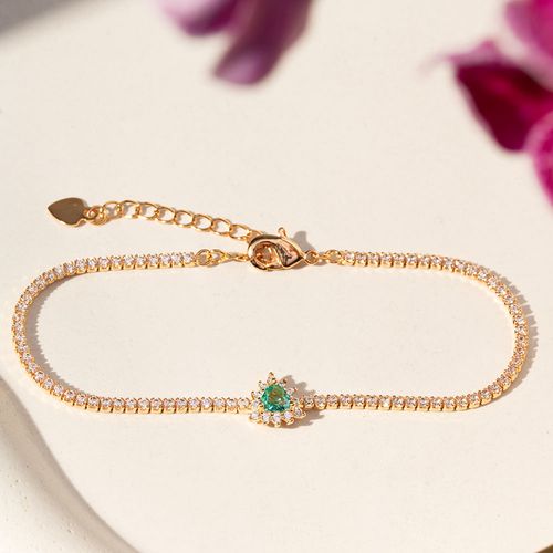 Pulseira Trillion com Cristal Paraíba e Zircônias Brancas 19cm - Banho de Ouro 18k