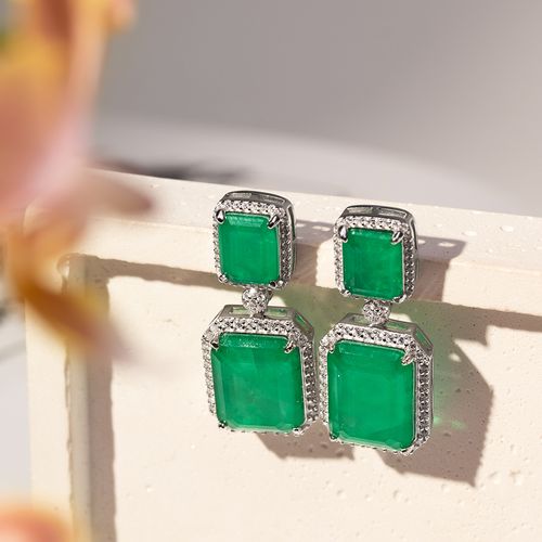 Brinco 2 Retângulos Bordados com Fusion Esmeralda e Zircônias Brancas - Prata 925