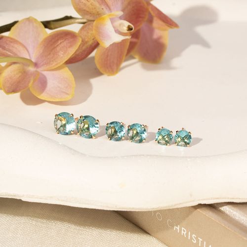 Kit com 3 Pares de Brincos Top Redondos 6mm/7mm/8mm com Cristal London Blue - Banho de Ouro 18k