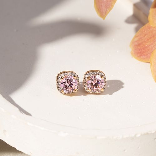 Brinco Top Redondo com Cristal Diamond Pink e Zircônias Brancas - Banho de Ouro 18k