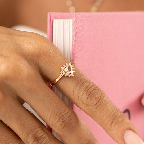 Anel Coração com Cristal Morganita e Zircônias Brancas - Banho de Ouro 18k