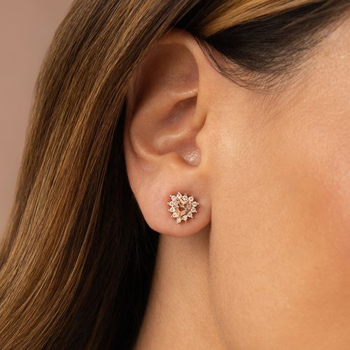 Conjunto Brinco e Colar Coração com Cristal Morganita e Zircônias Brancas 51cm - Banho de Ouro 18k