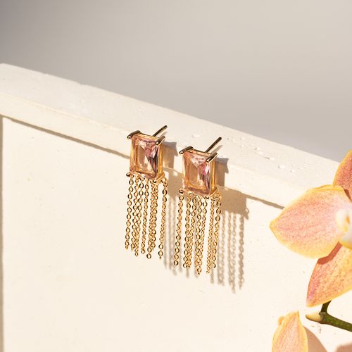 Brinco Retangular de Cristal Rodolita com Franja - Banho de Ouro 18k