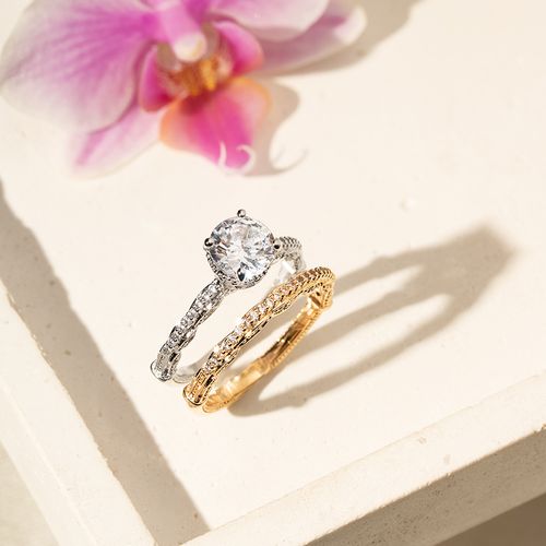 Kit com Solitário e Aparador com Zircônias Brancas - Banhos de Ouro 18k e Ródio Branco