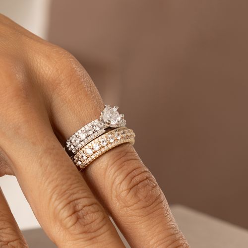 Kit com Solitário e Aparador com Zircônias Brancas - Banhos de Ouro 18k e Ródio Branco