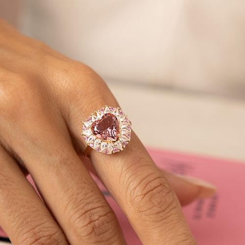 Anel Heart Pink com Cristal Turmalina Rosa e Zircônias Brancas - Banho de Ouro 18k