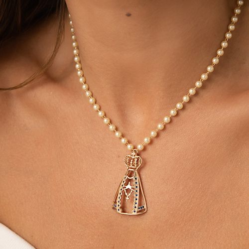 Colar Nossa Senhora Aparecida 35mm com Pérolas Coreanas e Zircônias Azuis 50cm - Banho de Ouro 18k