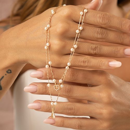 Colar Escapulário Nossa Senhora Aparecida e Mini Coração com Pérolas Coreanas e Zircônias Brancas 64cm - Banho de Ouro 18k