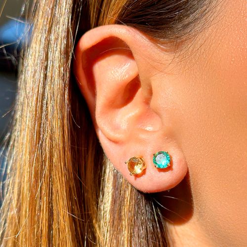 Kit com Dois Pares de Top Redondo com Cristal Paraiba e Cristal Citrino - Banho de Ouro 18k