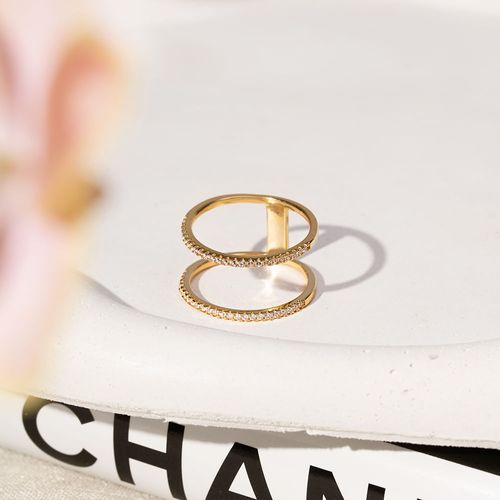 Anel Linhas Dois em Um Cravejados com Zircônias Brancas - Banho de Ouro 18k