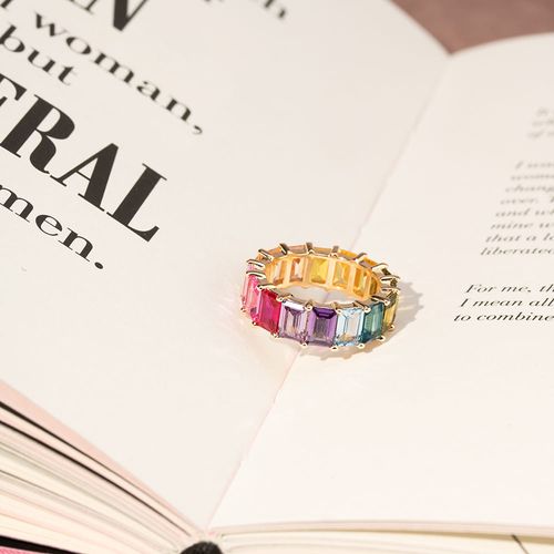 Anel Rainbow Aliança Retângulos com Cristal Citrino, Cristal Peridoto e Cristal Turmalina Rosa - Banho de Ouro 18k