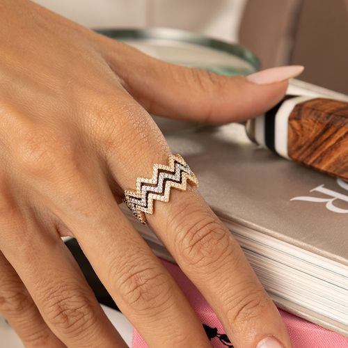 Trio de Anéis Zig Zag com Zircônias Brancas - Banhos de Ouro 18k e Ródio Branco