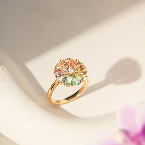 Anel Flower Candy Color com Cristal Paraíba, Cristal Morganita, Cristal Amestista - Banho de Ouro 18k